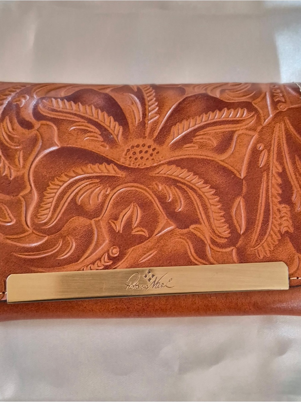 Patricia Nash Tan Tooled Floral Leather Clutch with Gold Bar